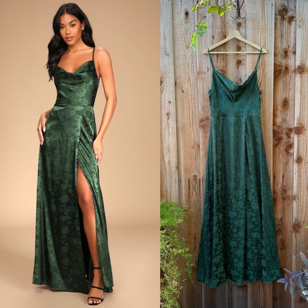Emerald Green Satin Floral Cowl-Neck Jacquard Maxi Dress 🌿